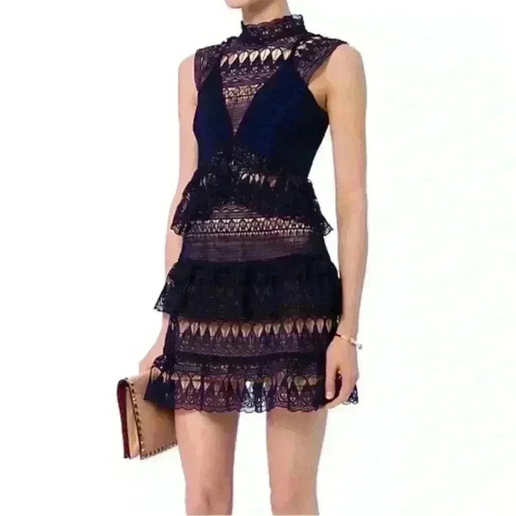 NWT Self Portrait Teardrop Paneled Guipure Lace Mini Dress in Navy Sz US 8 $555 - Picture 2 of 7
